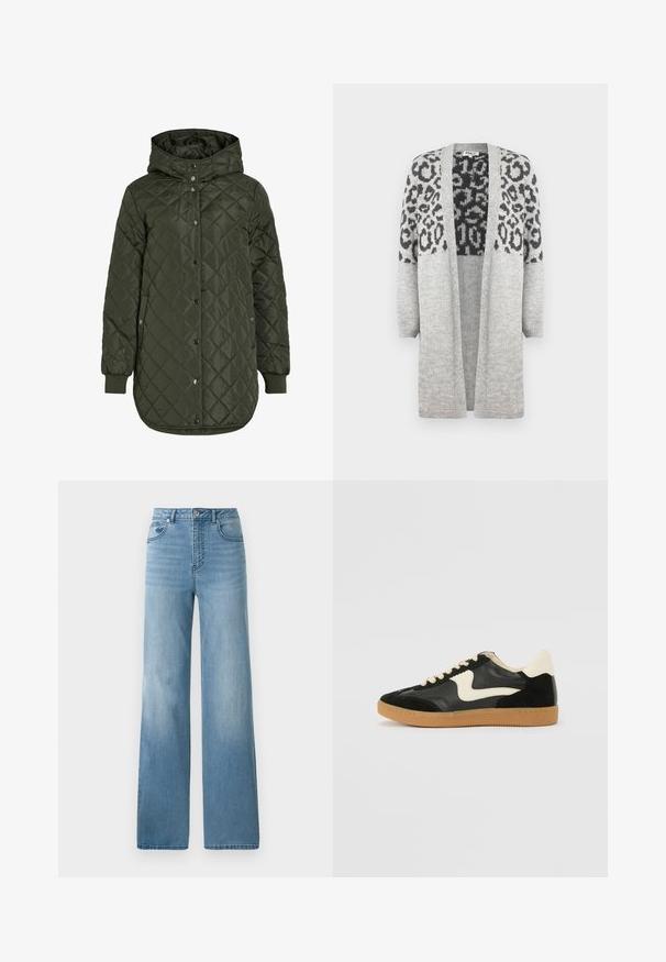 Šviesiai žalia, ilga, quilted striukė su gobtuvu, snap mygtukais ir išilgiais rankovėmis. Siūlo lygią, tekstūruotą medžiagą su deimanto raštu.; Pilkas megztinis su ilgomis rankovėmis ir atviru priekiu. Aukščiau puikuojasi juodas leopardų raštas. Minkšta tekstūra.; Pilkas golfas, pagamintas iš lygaus, elastingo audinio. Ilgos rankovės, prilipęs dizainas, minimali tekstūra, be matomų raštų ar metalinių detalių.; Šviesiai mėlynos aukšto liemens džinsai su tiesiu sijonu. Pagaminti iš džinsinio audinio, su penkiomis kišenėmis ir mygtukų uždarymu.; Juodos zomšo ir odos sportinės bateliai su kreminiu šoniniu swoosh ir šviesiai kreminiu kulnu. Ypatybės - smėlio spalvos raišteliai ir guminis padas.