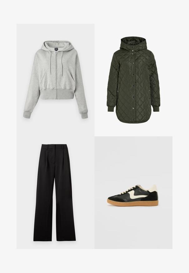 Quilted, long olive green jacket with a hood, snap buttons, and ribbed cuffs. Features a smooth, textured fabric with diamond pattern.; Cropped gray hoodie made of soft fabric, featuring a front zipper, drawstring hood, and two front pockets with ribbed cuffs.; Gray turtleneck shirt made of smooth, stretchy fabric. Long sleeves, fitted design, minimal texture, with no visible patterns or hardware.; Black wide-leg trousers with a smooth texture, featuring front pleats, a flat waistband, and belt loops. Simple, tailored design.; Black suede and leather sneaker with a cream side swoosh and light cream heel. Features beige laces and a gum rubber outsole.