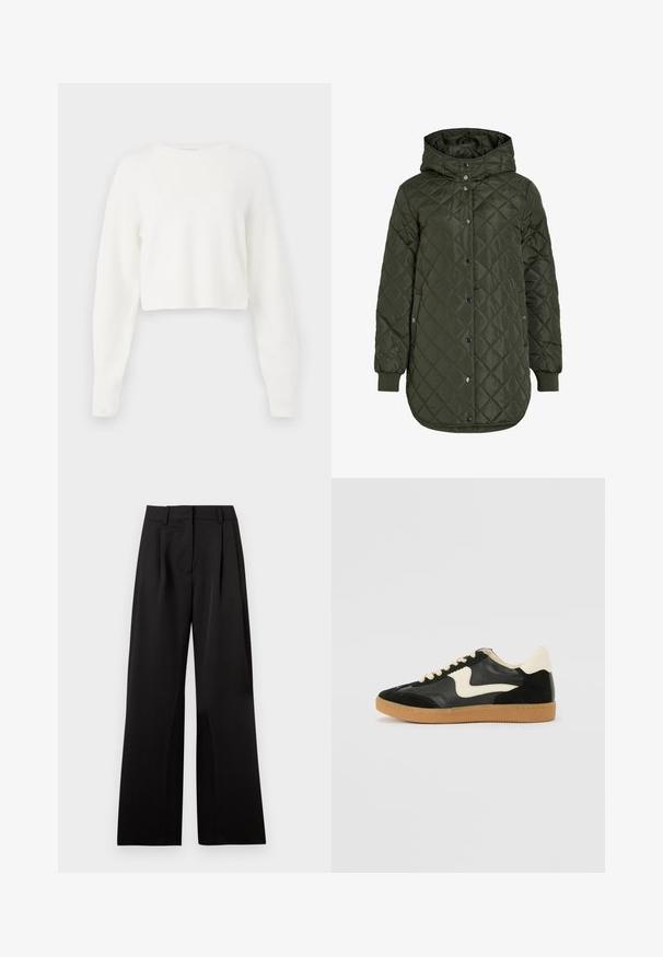 Gestepptes, langes olivgrünes Jacket mit Kapuze, Druckknöpfen und gerippten Bündchen. Verfügt über einen glatten, strukturierten Stoff mit Rautenmuster.; Weißer, verkürzter Pullover mit langen Ärmeln, geripptem Design und rundem Ausschnitt. Hergestellt aus weichem, leichtem Material.; Schwarze, weit geschnittene Hose mit glatter Textur, die Vorderfalten, einen flachen Bund und Gürtelschlaufen aufweist. Einfaches, tailliertes Design.; Schwarze Wildleder- und Leder-Sneaker mit einem cremefarbenen Seiten-Swoosh und einer hellcremefarbenen Ferse. Ausgestattet mit beige Schnürsenkeln und einer Gummilaufsohle.