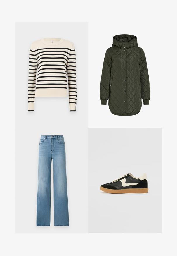 Gevoerde, lange olijfgroene jas met een capuchon, drukknoopsluiting en geribde manchetten. Kenmerkt zich door een gladde, gestructureerde stof met een ruitpatroon.; Crème kleurige trui met horizontale zwarte strepen, ronde halslijn, lange mouwen en ribgebreide manchetten en onderkant. Glad textuur, casual pasvorm.; Lichtblauwe high-waisted jeans met een rechte pasvorm. Gemaakt van denim, met vijf zakken en een knoopsluiting.; Zwarte suède en leren sneaker met een crèmekleurige zij-swoosh en lichte crèmekleurige hiel. Voorzien van beige veters en een gumrubberen zool.