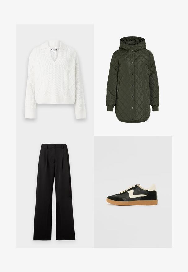 Prošívaná dlouhá olivově zelená bunda s kapucí, patentkami a žebrovanými manžetami. Má hladký, texturovaný materiál s diamantovým vzorem.; Bílý pletený svetr s výstřihem do V a límečkem. Má texturované vzory, žebrovaný lem a dlouhé rukávy. Vyrobeno z měkkého materiálu.; Černé kalhoty s širokými nohavicemi a hladkým povrchem, s předními záhyby, plochým pasem a poutky na opasek. Jednoduchý, elegantní design.; Černé semišové a kožené tenisky s krémovým postranním swooshem a světlým krémovým podpatkem. Mají béžové tkaničky a podešev z gumové pryže.