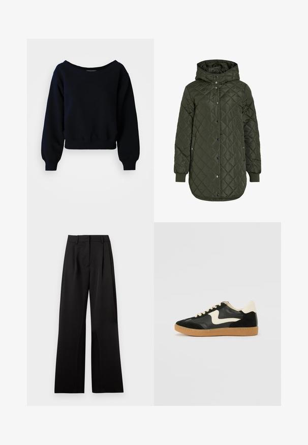 Chaqueta acolchada larga de color verde oliva con capucha, botones a presión y puños acanalados. Presenta una tela suave y texturizada con un patrón de diamantes.; Sudadera negra de manga larga y cropped con puños acanalados, cinturilla y escote ancho sobre un fondo blanco.; Pantalones de pierna ancha en negro, con una textura suave, que presentan pliegues frontales, una cinturilla plana y presillas para cinturón. Diseño simple y ajustado.; Zapatillas de deporte de ante y cuero negro con un swoosh lateral en crema y un talón en crema claro. Presenta cordones beige y una suela de goma marrón.