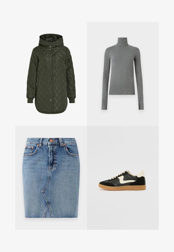 Kvalitetna dugacka maslinasto zelena jakna s kapuljačom, drsnim dugmadi i rebrastim manžetama. Ima glatku, teksturiranu tkaninu s dijamantnim uzorkom.; Sivi rolak majica izrađena od glatkog, rastezljivog materijala. Dugi rukavi, prilagođenog kroja, minimalne teksture, bez vidljivih uzoraka ili dodataka.; Traper suknja u srednje plavoj boji, sa uskim krojem, prednjim džepovima i dijagonalnim šavnim detaljem. Standardni pojas sa metalnim dugmetom.; Crna nubuk i kožna tenisica s kremastim bočnim swooshom i svijetlom kremastom petom. Sadrži bež vezice i gumu na potplatu.