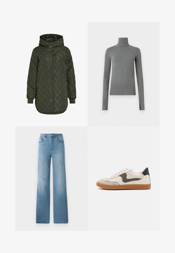 Kurtka pikowana w kolorze oliwkowym, długa, z kapturem, zatrzaskami i ściągaczami na mankietach. Posiada gładką, fakturowaną tkaninę w wzór diamentowy.; Szary sweter z golfem wykonany z gładkiego, elastycznego materiału. Długie rękawy, dopasowany krój, minimalna tekstura, bez widocznych wzorów czy elementów metalowych.; Jasnoniebieskie dżinsy z wysokim stanem i prostą nogawką. Wykonane z denimu, z pięcioma kieszeniami i zapięciem na guziki.; Sneakers z górną częścią z kremowej skóry z akcentem z ciemno-brązowego zamszu, beżowymi sznurowadlami i podeszwą z gumowej gumy; klasyczny niski profil.