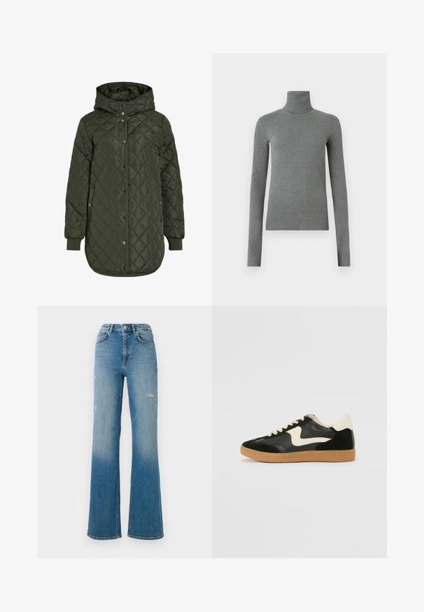 Casaco comprido olive green acolchoado com capuz, botões de pressão e punhos canelados. Apresenta um tecido liso e texturizado com padrão de diamante.; Camisola de gola alta cinza feita de um tecido liso e elástico. Mangas compridas, design ajustado, textura mínima, sem padrões ou acessórios visíveis.; Jeans de ganga azul de cintura alta com ligeiras desgastes nas coxas, estilo de cinco bolsos e um design de perna larga.; Sapatilha em camurça e couro pretos com um swoosh lateral em creme e um calcanhar em creme claro. Apresenta atacadores bege e uma sola de borracha tipo gum.