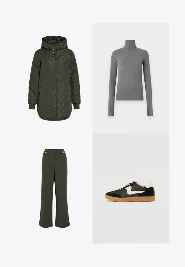 Gestepptes, langes olivgrünes Jacket mit Kapuze, Druckknöpfen und gerippten Bündchen. Verfügt über einen glatten, strukturierten Stoff mit Rautenmuster.; Grauer Rollkragenpullover aus glattem, dehnbarem Stoff. Lange Ärmel, figurbetontes Design, minimale Textur, ohne sichtbare Muster oder Beschläge.; Olivegrüne weit geschnittene Hosen aus einem glatten Stoff, mit zwei goldfarbenen Knöpfen am Bund und einer klaren, taillierten Silhouette.; Schwarze Wildleder- und Leder-Sneaker mit einem cremefarbenen Seiten-Swoosh und einer hellcremefarbenen Ferse. Ausgestattet mit beige Schnürsenkeln und einer Gummilaufsohle.