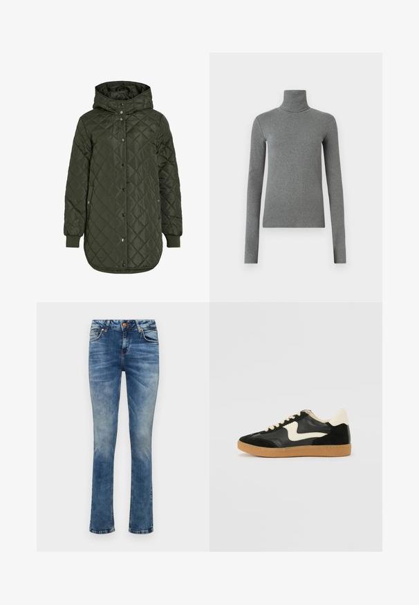 Padded, dolgi olivno zeleni plašč s kapuco, s pritrdilnimi gumbi in rebrastimi manšetami. Ima gladko, teksturirano blago z diamantskim vzorcem.; Siva turtleneck majica narejena iz gladkega, raztegljivega materiala. Dolgi rokavi, prilegajoča zasnova, minimalna tekstura, brez vidnih vzorcev ali okovja.; Svijetloplave traperice ravnog kroja, s prednjim zatvaranjem na dugme, pet džepova i suptilnim izbljeđenjem.; Črne semiš in usnjene superge s kremasto stransko puščico in svetlo kremasto peto. Imajo bež čipke in gumijast podplat.