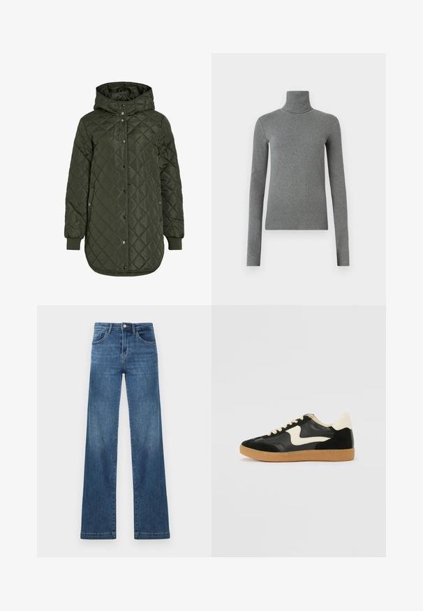 Padded, dolgi olivno zeleni plašč s kapuco, s pritrdilnimi gumbi in rebrastimi manšetami. Ima gladko, teksturirano blago z diamantskim vzorcem.; Siva turtleneck majica narejena iz gladkega, raztegljivega materiala. Dolgi rokavi, prilegajoča zasnova, minimalna tekstura, brez vidnih vzorcev ali okovja.; Temno modri kavbojke z ravnim nogavicom, visoka pas, pet žepov in kovinski gumb za zapiranje. Očitni detajli zbledenega pranja.; Črne semiš in usnjene superge s kremasto stransko puščico in svetlo kremasto peto. Imajo bež čipke in gumijast podplat.