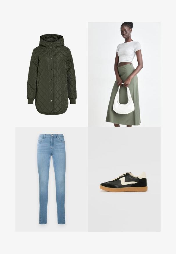 Töltött, hosszú, olíva zöld dzseki kapucnival, patentgombokkal és bordázott mandzsettákkal. Simább, textúrával rendelkező anyag jellemzi, amely gyémánt mintázatú.; Szürke, sima, rugalmas anyagból készült garbós póló. Hosszú ujjú, testhez simuló kialakítás, minimális textúrával, látható minták vagy fém alkatrészek nélkül.; Világoskék skinny farmernadrág denimből. Öt zseb, övhurkok és elöl gombos záródás jellemzi. Sima textúra enyhe kopással.; Fekete velúr és bőr sneaker, krém színű oldalsó swoosh-sal és világos krém színű sarokkal. Beigézett fűzőkkel és gumi talppal rendelkezik.; Szürke bordázott cropped top és olajzöld, magas derékú szoknya. A modellen egy fehér válltáska van, amely kivágott részletekkel rendelkezik. Egyszerű dizájn, testhezálló sziluett.