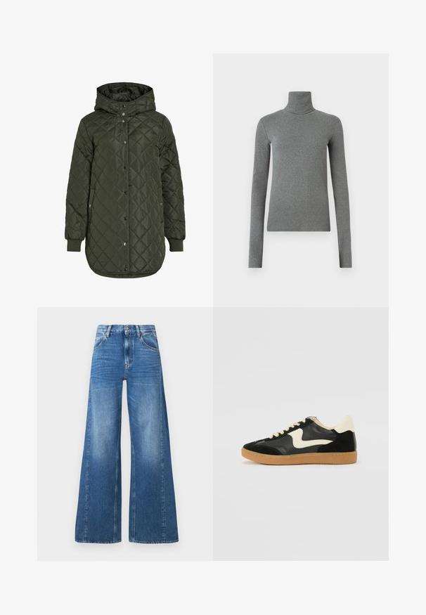 Šviesiai žalia, ilga, quilted striukė su gobtuvu, snap mygtukais ir išilgiais rankovėmis. Siūlo lygią, tekstūruotą medžiagą su deimanto raštu.; Pilkas golfas, pagamintas iš lygaus, elastingo audinio. Ilgos rankovės, prilipęs dizainas, minimali tekstūra, be matomų raštų ar metalinių detalių.; Plačios mėlynos denim kelnės su aukštu liemeniu, turinčios šonines kišenes ir išblukusį vaizdą, pagamintos iš medvilnės su glotnia tekstūra.; Juodos zomšo ir odos sportinės bateliai su kreminiu šoniniu swoosh ir šviesiai kreminiu kulnu. Ypatybės - smėlio spalvos raišteliai ir guminis padas.