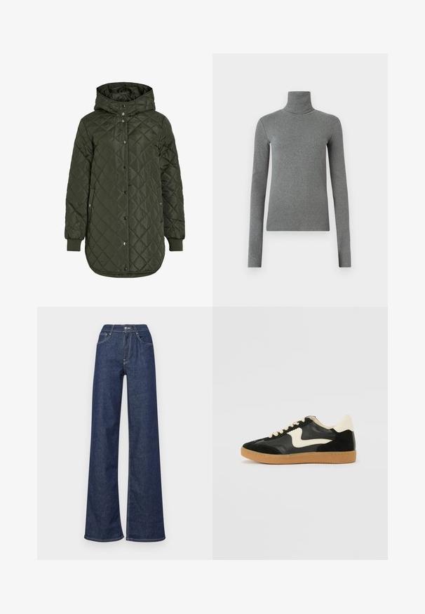Prešívaná, dlhá olivovo zelená bunda s kapucňou, patentnými gombíkmi a rebrovanými manžetami. Má hladkú, štruktúrovanú tkaninu s diamantovým vzorom.; Sivý rolák vyrobený z hladkej, elastickej látky. Dlhé rukávy, priliehavý strih, minimálna textura, bez viditeľných vzorov alebo hardvéru.; Džínsy s širokými nohavicami v tmavo modrej farbe, s vysokým pásom, prednými vreckami, viditeľným šitím a čistým zakončením na lemoch.; Čierne semišové a kožené tenisky s krémovým bočným prešívaním a svetlo krémovou pätou. Obsahujú béžové šnúrky a podošvu z gumeného kaučuku.