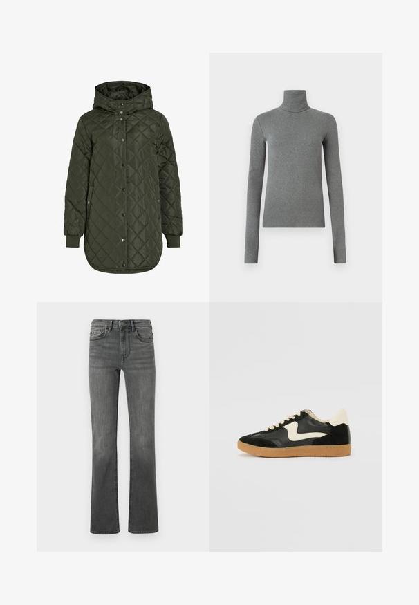 Quilted, long olive green jacket with a hood, snap buttons, and ribbed cuffs. Features a smooth, textured fabric with diamond pattern.; Gray turtleneck shirt made of smooth, stretchy fabric. Long sleeves, fitted design, minimal texture, with no visible patterns or hardware.; Flared jeans in dark gray denim with a high waistband, five pockets, and a single button closure. Smooth texture with slight fading.; Black suede and leather sneaker with a cream side swoosh and light cream heel. Features beige laces and a gum rubber outsole.