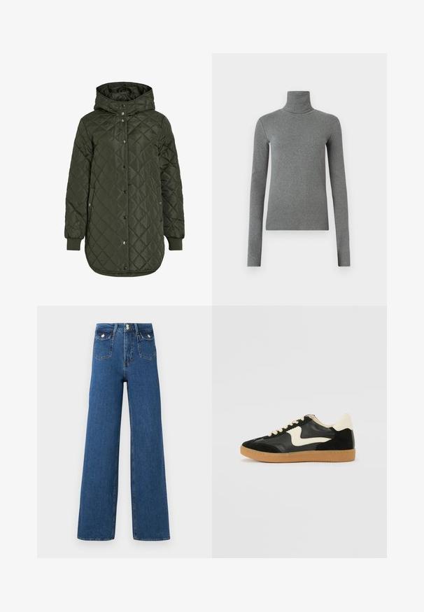 Casaco comprido olive green acolchoado com capuz, botões de pressão e punhos canelados. Apresenta um tecido liso e texturizado com padrão de diamante.; Camisola de gola alta cinza feita de um tecido liso e elástico. Mangas compridas, design ajustado, textura mínima, sem padrões ou acessórios visíveis.; Jeans de perna larga feitos de denim escuro. Apresentam dois bolsos frontais e um fecho de botão. Textura suave com costura visível e forma estruturada.; Sapatilha em camurça e couro pretos com um swoosh lateral em creme e um calcanhar em creme claro. Apresenta atacadores bege e uma sola de borracha tipo gum.