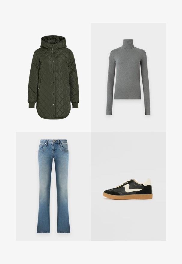 Casaco comprido olive green acolchoado com capuz, botões de pressão e punhos canelados. Apresenta um tecido liso e texturizado com padrão de diamante.; Camisola de gola alta cinza feita de um tecido liso e elástico. Mangas compridas, design ajustado, textura mínima, sem padrões ou acessórios visíveis.; Jeans de boca larga em azul claro feitos de denim. Apresentam um efeito desbotado, cinco bolsos e um fecho de botão com passantes para cinto na cintura.; Sapatilha em camurça e couro pretos com um swoosh lateral em creme e um calcanhar em creme claro. Apresenta atacadores bege e uma sola de borracha tipo gum.