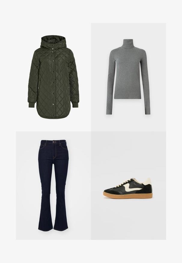 Tikkimisega, pikk oliivroheline jakk kapuutsiga, nööpide ja soonikäärega. Omab siledaid, tekstureeritud kudesid, millel on teemantmuster.; Hallhalli hallitatud särk, mis on valmistatud siledast, venivast kangast. Pikkade varrukatega, sobiv disain, minimaalne tekstuur, ilma nähtavate mustrite või riistvaraeta.; Tumedad jeansid, flared stiilis, denimist, kõrge vöökohaga, viie-tasku disainiga ning kontrastsete oranžide õmblustega. ; Must musta ja nahast sneakersid, millel on koorevärvi külgsuund ja hele koorik. Omab beeži paelu ja kummi kummist välistalla.