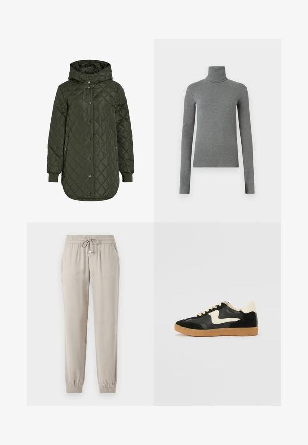 Gestepptes, langes olivgrünes Jacket mit Kapuze, Druckknöpfen und gerippten Bündchen. Verfügt über einen glatten, strukturierten Stoff mit Rautenmuster.; Grauer Rollkragenpullover aus glattem, dehnbarem Stoff. Lange Ärmel, figurbetontes Design, minimale Textur, ohne sichtbare Muster oder Beschläge.; Helle beige Jogginghosen aus weichem Stoff, mit einem elastischen Taillenbund und Kordelzug, seitlichen Taschen und elastischen Bündchen.; Schwarze Wildleder- und Leder-Sneaker mit einem cremefarbenen Seiten-Swoosh und einer hellcremefarbenen Ferse. Ausgestattet mit beige Schnürsenkeln und einer Gummilaufsohle.