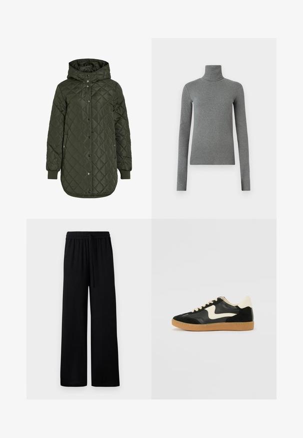 Quilted, long olive green jacket with a hood, snap buttons, and ribbed cuffs. Features a smooth, textured fabric with diamond pattern.; Gray turtleneck shirt made of smooth, stretchy fabric. Long sleeves, fitted design, minimal texture, with no visible patterns or hardware.; Black wide-leg trousers with an elastic waistband and adjustable drawstring. Smooth fabric with no visible patterns or accents.; Black suede and leather sneaker with a cream side swoosh and light cream heel. Features beige laces and a gum rubber outsole.