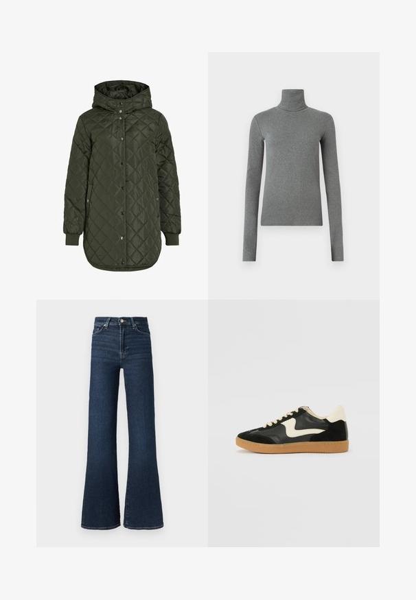 Padded, dolgi olivno zeleni plašč s kapuco, s pritrdilnimi gumbi in rebrastimi manšetami. Ima gladko, teksturirano blago z diamantskim vzorcem.; Siva turtleneck majica narejena iz gladkega, raztegljivega materiala. Dolgi rokavi, prilegajoča zasnova, minimalna tekstura, brez vidnih vzorcev ali okovja.; Temno modre kavbojke iz jeansa z rahlo razširjenimi hlačnicami in visokim pasom, s klasičnim dizajnom s petimi žepi ter zapiranjem na en gumb.; Črne semiš in usnjene superge s kremasto stransko puščico in svetlo kremasto peto. Imajo bež čipke in gumijast podplat.