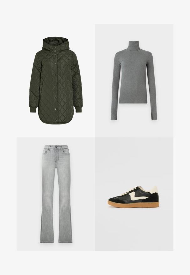 Gestepptes, langes olivgrünes Jacket mit Kapuze, Druckknöpfen und gerippten Bündchen. Verfügt über einen glatten, strukturierten Stoff mit Rautenmuster.; Grauer Rollkragenpullover aus glattem, dehnbarem Stoff. Lange Ärmel, figurbetontes Design, minimale Textur, ohne sichtbare Muster oder Beschläge.; Hellgraue Schlagjeans mit einer glatten Denim-Oberfläche, ausgestattet mit frontalen Taschen und einem Knopfverschluss. Der Saum hat seitliche Schlitzdetails für zusätzlichen Stil.; Schwarze Wildleder- und Leder-Sneaker mit einem cremefarbenen Seiten-Swoosh und einer hellcremefarbenen Ferse. Ausgestattet mit beige Schnürsenkeln und einer Gummilaufsohle.