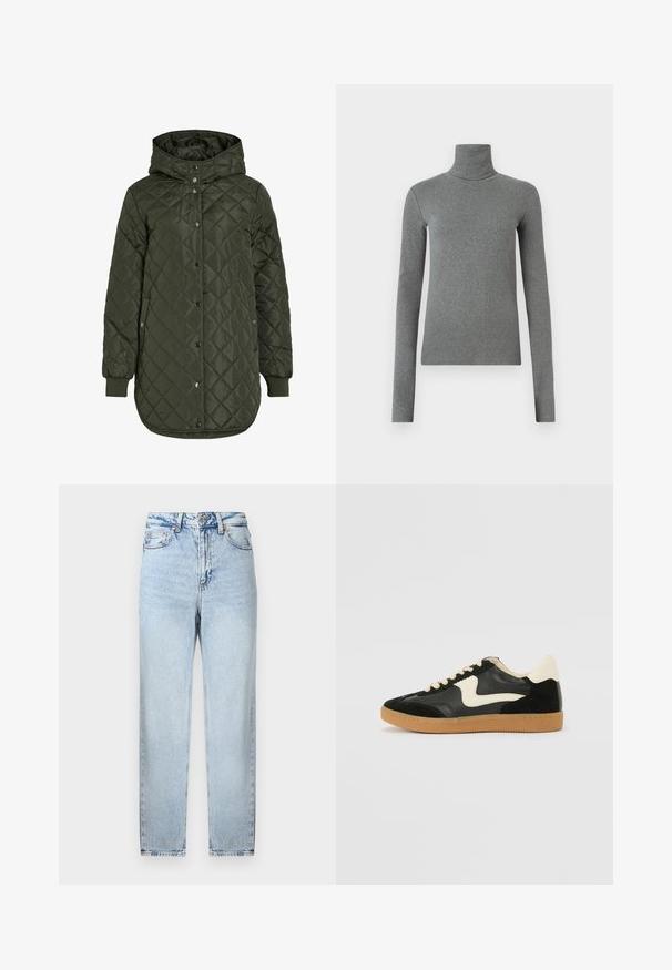 Klassiska, garņota, ilga olīvzaļā jaka ar kapuci, spiedpogu aizdari un ribotām piedurknēm. Iezīmējas ar gludu, strukturētu audumu ar dimanta rakstu.; Pelēka uzvalka krekliņa ar augstu apkakli, izgatavots no gludas, elastīgas auduma. Garas piedurknes, pielāgota forma, minimāla tekstūra, bez redzamām rakstām vai aparatūras.; Gai zilgani džinsi ar taisnu griezumu, kas aprīkoti ar pogu un rāvējslēdzēju, piecām kabatām un nelielu izbalēšanu priekšā un aizmugurē.; Melna zamšāda un ādas sporta apavi ar krēmkrāsas sānu svītru un gaiši krēmkrāsas papēdi. Ar beigu krāsas auklām un gumijas zole.