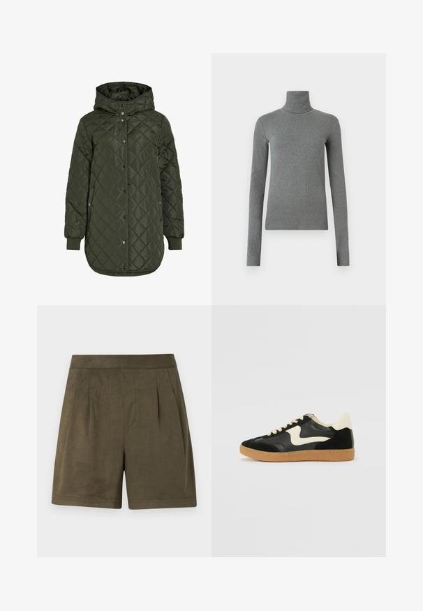Prešívaná, dlhá olivovo zelená bunda s kapucňou, patentnými gombíkmi a rebrovanými manžetami. Má hladkú, štruktúrovanú tkaninu s diamantovým vzorom.; Sivý rolák vyrobený z hladkej, elastickej látky. Dlhé rukávy, priliehavý strih, minimálna textura, bez viditeľných vzorov alebo hardvéru.; Tmavozelené šortky vyrobené z mäkkého, zamatovo-sviežeho materiálu, s plisovaným dizajnom, strednou dĺžkou a čistým, štruktúrovaným pásom.; Čierne semišové a kožené tenisky s krémovým bočným prešívaním a svetlo krémovou pätou. Obsahujú béžové šnúrky a podošvu z gumeného kaučuku.