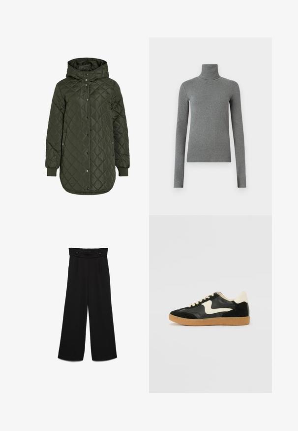 Quilted, long olive green jacket with a hood, snap buttons, and ribbed cuffs. Features a smooth, textured fabric with diamond pattern.; Gray turtleneck shirt made of smooth, stretchy fabric. Long sleeves, fitted design, minimal texture, with no visible patterns or hardware.; Black wide-leg trousers with a high waistband, featuring two front buttons and a smooth texture. Straight cut with pleats at the front.; Black suede and leather sneaker with a cream side swoosh and light cream heel. Features beige laces and a gum rubber outsole.