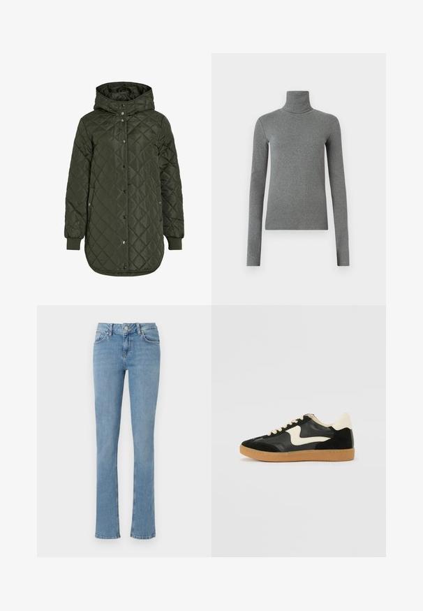 Töltött, hosszú, olíva zöld dzseki kapucnival, patentgombokkal és bordázott mandzsettákkal. Simább, textúrával rendelkező anyag jellemzi, amely gyémánt mintázatú.; Szürke, sima, rugalmas anyagból készült garbós póló. Hosszú ujjú, testhez simuló kialakítás, minimális textúrával, látható minták vagy fém alkatrészek nélkül.; Világoskék farmernadrág, amelynek bokája kibővült, jellemzője az öt zsebes kialakítás, gombos zárás és látható varrási részletek.; Fekete velúr és bőr sneaker, krém színű oldalsó swoosh-sal és világos krém színű sarokkal. Beigézett fűzőkkel és gumi talppal rendelkezik.