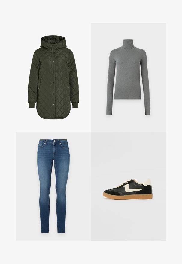 Chaqueta acolchada larga de color verde oliva con capucha, botones a presión y puños acanalados. Presenta una tela suave y texturizada con un patrón de diamantes.; Sudadera de cuello alto gris hecha de una tela suave y elástica. Mangas largas, diseño ajustado, textura mínima, sin patrones visibles ni piezas metálicas.; Jeans ajustados en denim azul oscuro, con cinco bolsillos, un botón frontal y cremallera. La tela tiene una textura suave con un ligero desgastado.; Zapatillas de deporte de ante y cuero negro con un swoosh lateral en crema y un talón en crema claro. Presenta cordones beige y una suela de goma marrón.