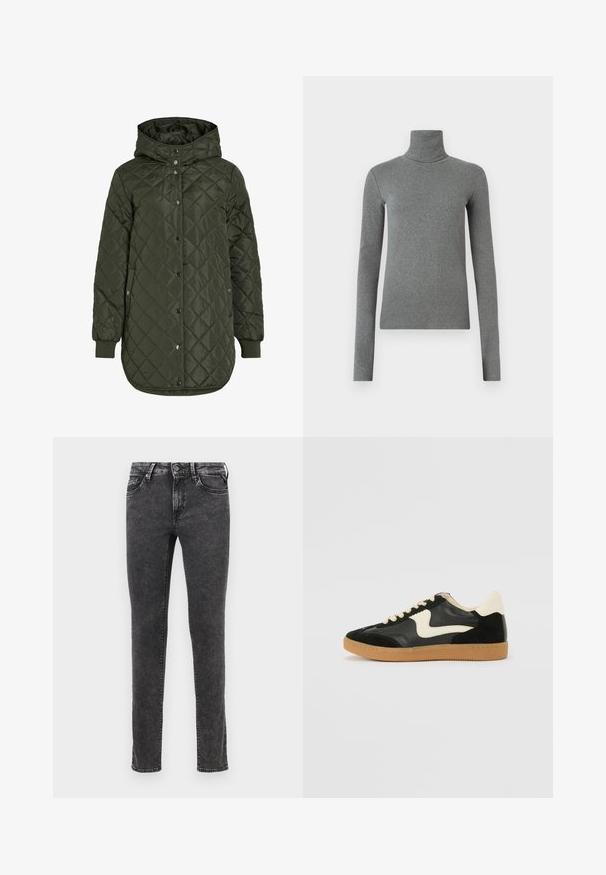 Prešívaná, dlhá olivovo zelená bunda s kapucňou, patentnými gombíkmi a rebrovanými manžetami. Má hladkú, štruktúrovanú tkaninu s diamantovým vzorom.; Sivý rolák vyrobený z hladkej, elastickej látky. Dlhé rukávy, priliehavý strih, minimálna textura, bez viditeľných vzorov alebo hardvéru.; Čierne džínsy s úzkym strihom, päť-pocket dizajnom a kovovým zapínaním. Obsahujú poškodenú textúru a jemné vyblednutie.; Čierne semišové a kožené tenisky s krémovým bočným prešívaním a svetlo krémovou pätou. Obsahujú béžové šnúrky a podošvu z gumeného kaučuku.