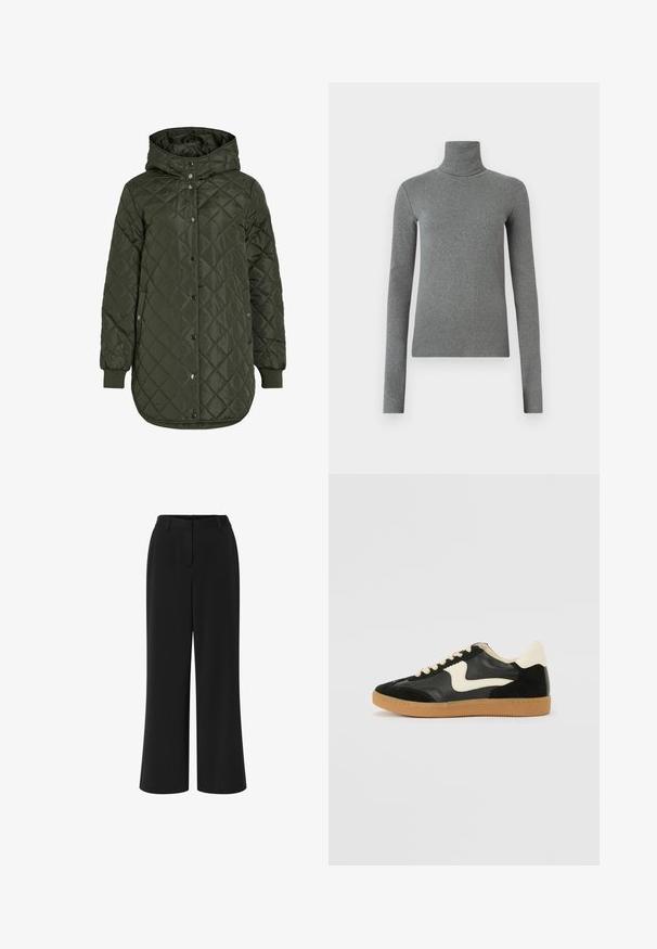 Padded, dolgi olivno zeleni plašč s kapuco, s pritrdilnimi gumbi in rebrastimi manšetami. Ima gladko, teksturirano blago z diamantskim vzorcem.; Siva turtleneck majica narejena iz gladkega, raztegljivega materiala. Dolgi rokavi, prilegajoča zasnova, minimalna tekstura, brez vidnih vzorcev ali okovja.; Črne široke hlače iz gladkega materiala. Imajo raven sprednji del, pas z zankami za pas in dva stranska žepa.; Črne semiš in usnjene superge s kremasto stransko puščico in svetlo kremasto peto. Imajo bež čipke in gumijast podplat.