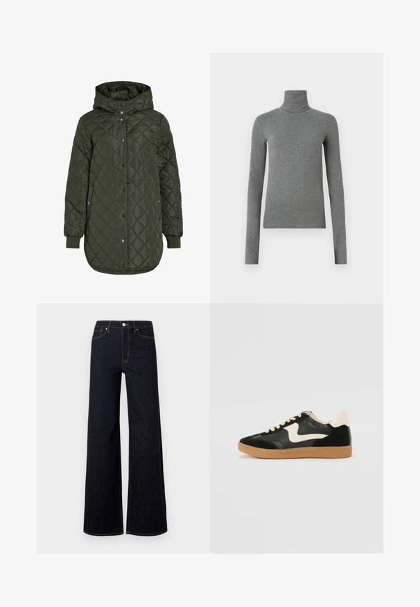 Padded, dolgi olivno zeleni plašč s kapuco, s pritrdilnimi gumbi in rebrastimi manšetami. Ima gladko, teksturirano blago z diamantskim vzorcem.; Siva turtleneck majica narejena iz gladkega, raztegljivega materiala. Dolgi rokavi, prilegajoča zasnova, minimalna tekstura, brez vidnih vzorcev ali okovja.; Temno modre široke kavbojke iz denima, ki imajo visok pas, kontrastno šivanje in eno kovinsko gumb na sprednji strani.; Črne semiš in usnjene superge s kremasto stransko puščico in svetlo kremasto peto. Imajo bež čipke in gumijast podplat.