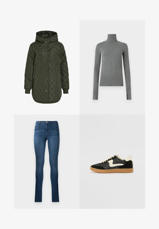 Chaqueta acolchada larga de color verde oliva con capucha, botones a presión y puños acanalados. Presenta una tela suave y texturizada con un patrón de diamantes.; Sudadera de cuello alto gris hecha de una tela suave y elástica. Mangas largas, diseño ajustado, textura mínima, sin patrones visibles ni piezas metálicas.; Vaqueros ajustados de mezclilla azul oscuro, con cintura alta, diseño clásico de cinco bolsillos y un ligero desvanecimiento. Cierre de botón metálico incluido.; Zapatillas de deporte de ante y cuero negro con un swoosh lateral en crema y un talón en crema claro. Presenta cordones beige y una suela de goma marrón.