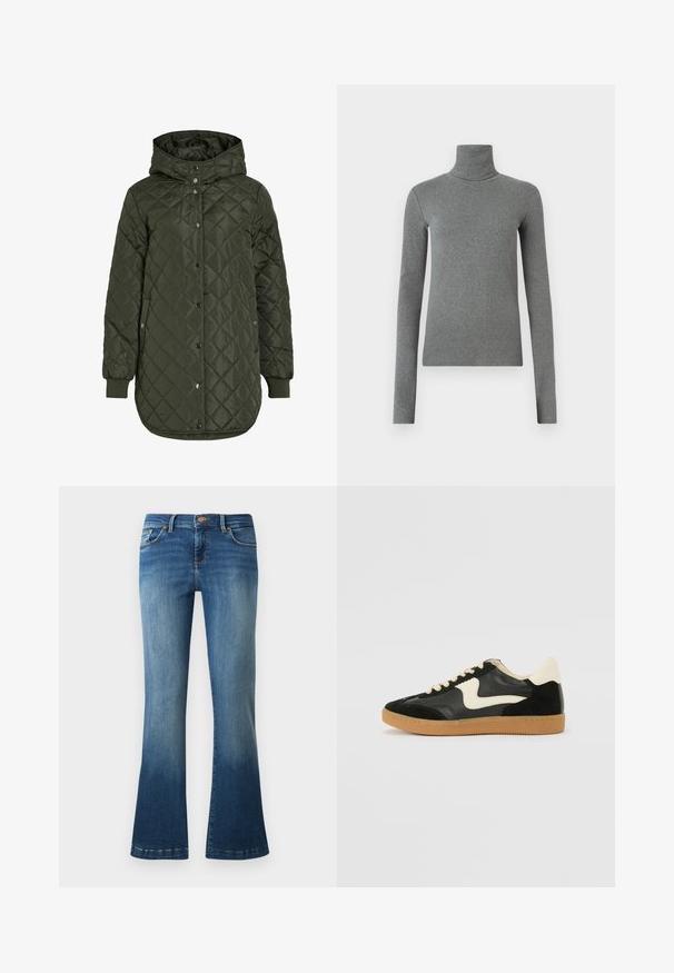 Tikkimisega, pikk oliivroheline jakk kapuutsiga, nööpide ja soonikäärega. Omab siledaid, tekstureeritud kudesid, millel on teemantmuster.; Hallhalli hallitatud särk, mis on valmistatud siledast, venivast kangast. Pikkade varrukatega, sobiv disain, minimaalne tekstuur, ilma nähtavate mustrite või riistvaraeta.; Denim flared teksad sinises degradee pesus, millel on oranž õmblus, viis taskut ja nööbiga kinnitamine vöökoht.; Must musta ja nahast sneakersid, millel on koorevärvi külgsuund ja hele koorik. Omab beeži paelu ja kummi kummist välistalla.