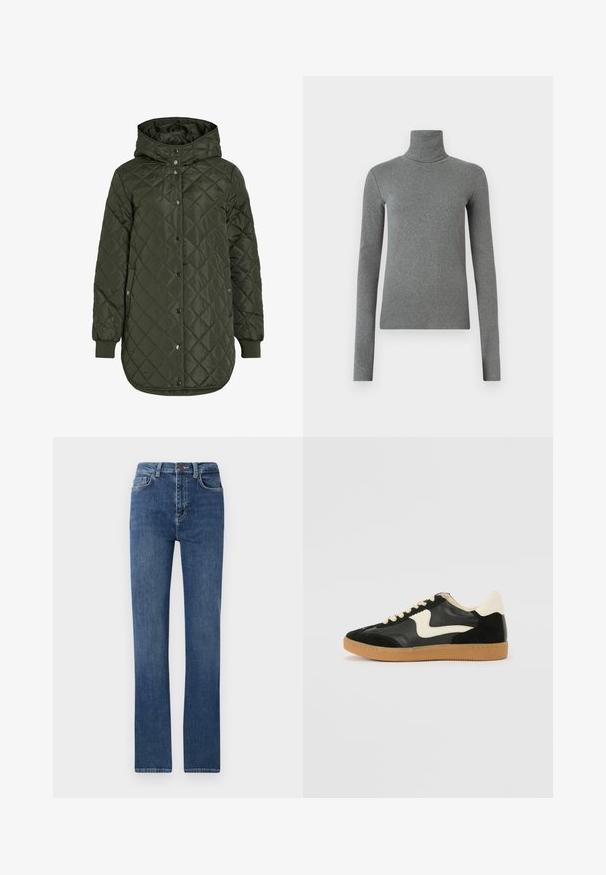 Chaqueta acolchada larga de color verde oliva con capucha, botones a presión y puños acanalados. Presenta una tela suave y texturizada con un patrón de diamantes.; Sudadera de cuello alto gris hecha de una tela suave y elástica. Mangas largas, diseño ajustado, textura mínima, sin patrones visibles ni piezas metálicas.; Jeans de mezclilla azul con un diseño de pierna recta, que presentan un estilo clásico de cinco bolsillos, cierre de cremallera y una cintura de altura media. Textura suave.; Zapatillas de deporte de ante y cuero negro con un swoosh lateral en crema y un talón en crema claro. Presenta cordones beige y una suela de goma marrón.