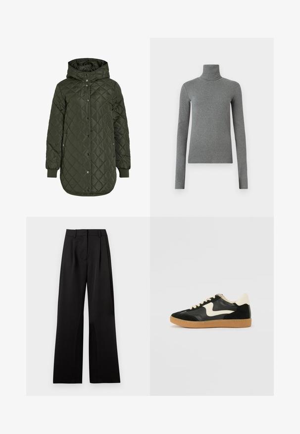 Casaco comprido olive green acolchoado com capuz, botões de pressão e punhos canelados. Apresenta um tecido liso e texturizado com padrão de diamante.; Camisola de gola alta cinza feita de um tecido liso e elástico. Mangas compridas, design ajustado, textura mínima, sem padrões ou acessórios visíveis.; Calças largas pretas com uma textura suave, apresentando pregas frontais, uma cintura plana e passantes para cinto. Design simples e estruturado.; Sapatilha em camurça e couro pretos com um swoosh lateral em creme e um calcanhar em creme claro. Apresenta atacadores bege e uma sola de borracha tipo gum.