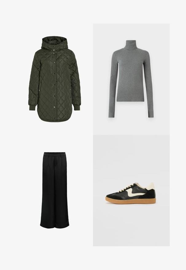 Quilted, long olive green jacket with a hood, snap buttons, and ribbed cuffs. Features a smooth, textured fabric with diamond pattern.; Gray turtleneck shirt made of smooth, stretchy fabric. Long sleeves, fitted design, minimal texture, with no visible patterns or hardware.; Black high-waist wide-leg trousers with a smooth texture, belt loops, and subtle front pleats.; Black suede and leather sneaker with a cream side swoosh and light cream heel. Features beige laces and a gum rubber outsole.