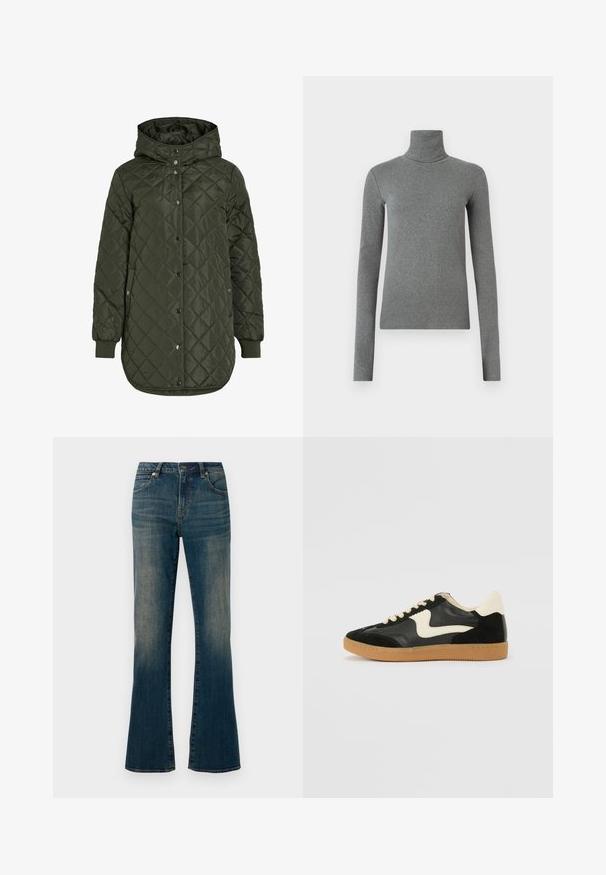 Padded, dolgi olivno zeleni plašč s kapuco, s pritrdilnimi gumbi in rebrastimi manšetami. Ima gladko, teksturirano blago z diamantskim vzorcem.; Siva turtleneck majica narejena iz gladkega, raztegljivega materiala. Dolgi rokavi, prilegajoča zasnova, minimalna tekstura, brez vidnih vzorcev ali okovja.; Svetlo modri flare kavbojki z rahlo zbledelim videzom, pet pocket zasnovo, gumbnim zapiranjem in šivanim detajlom ob šivih.; Črne semiš in usnjene superge s kremasto stransko puščico in svetlo kremasto peto. Imajo bež čipke in gumijast podplat.