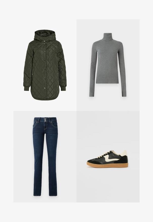 Geacă lungă matlasată de culoare verde măsliniu, cu glugă, nasturi tip snap și manșete ribbed. Prezintă un material neted, texturat cu un model în romb.; Cămașă turtleneck gri, dintr-un material neted și elastic. Mâneci lungi, design ajustat, textură minimă, fără modele sau accesorii vizibile.; Blugi skinny de culoare bleu închis cu închidere cu două nasturi, buzunare frontale și cusături galbene pe un fundal alb.; Tenisi din suede și piele negri cu un swoosh lateral de culoare crem și călcâi de un crem deschis. Prezintă șireturi bej și o talpă din rubber de tip gum.