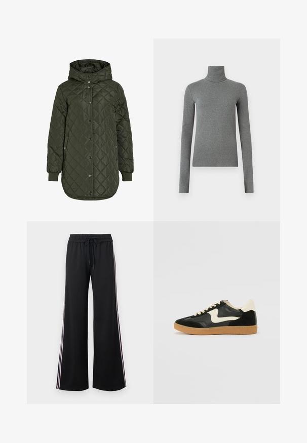 Töltött, hosszú, olíva zöld dzseki kapucnival, patentgombokkal és bordázott mandzsettákkal. Simább, textúrával rendelkező anyag jellemzi, amely gyémánt mintázatú.; Szürke, sima, rugalmas anyagból készült garbós póló. Hosszú ujjú, testhez simuló kialakítás, minimális textúrával, látható minták vagy fém alkatrészek nélkül.; Fekete, bő szárú nadrág puha anyagból, rugalmas derékkal és zsinórral. Kontrasztot adó fehér és bordó oldalsávokkal rendelkezik.; Fekete velúr és bőr sneaker, krém színű oldalsó swoosh-sal és világos krém színű sarokkal. Beigézett fűzőkkel és gumi talppal rendelkezik.