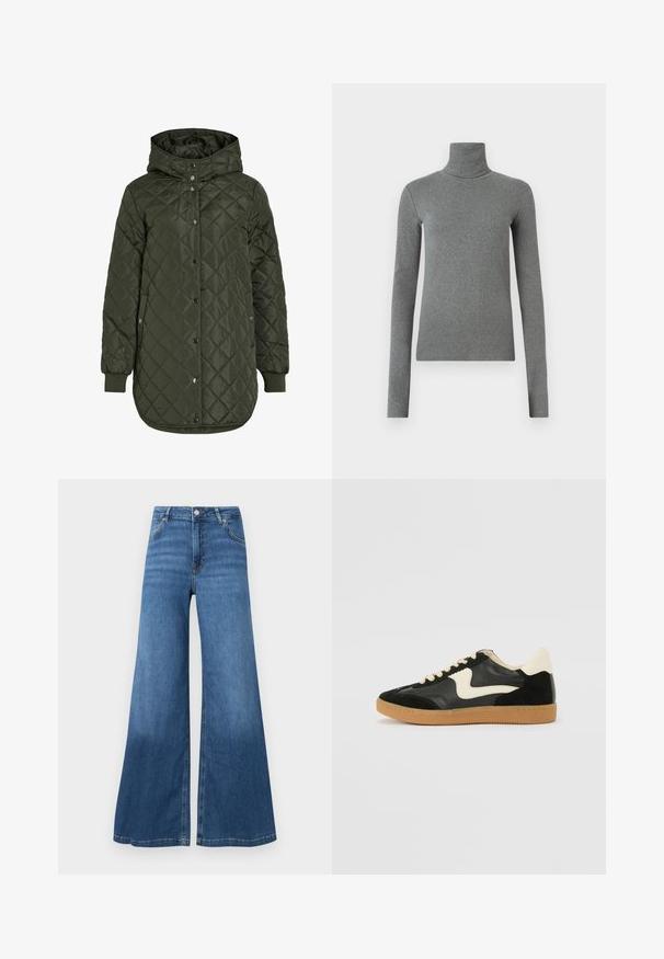 Padded, dolgi olivno zeleni plašč s kapuco, s pritrdilnimi gumbi in rebrastimi manšetami. Ima gladko, teksturirano blago z diamantskim vzorcem.; Siva turtleneck majica narejena iz gladkega, raztegljivega materiala. Dolgi rokavi, prilegajoča zasnova, minimalna tekstura, brez vidnih vzorcev ali okovja.; Široke modre traperice iz denima, z visokim pasom, sprednjimi žepi in čistim robom. Brez vidnih vzorcev ali okrasitev.; Črne semiš in usnjene superge s kremasto stransko puščico in svetlo kremasto peto. Imajo bež čipke in gumijast podplat.