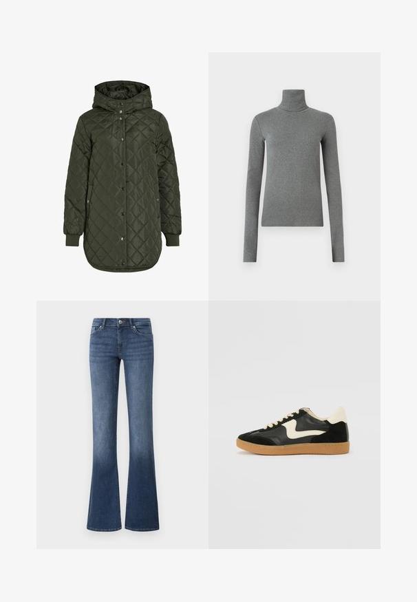 Giacca lunga trapuntata verde oliva con cappuccio, bottoni a pressione e polsini a coste. Presenta un tessuto liscio e strutturato con motivo a diamante.; Maglione a collo alto grigio realizzato in tessuto liscio e elastico. Maniche lunghe, design aderente, texture minimale, senza motivi visibili o accessori.; Jeans a campana blu in denim, con un lavaggio medio, cinque tasche e una chiusura con zip e bottone. Tessuto liscio.; Sneaker nera in suede e pelle con un sorriso laterale crema e un tallone di un leggero crema. Presenta lacci beige e una suola in gomma color caramello.