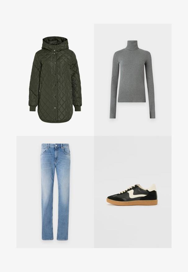 Šviesiai žalia, ilga, quilted striukė su gobtuvu, snap mygtukais ir išilgiais rankovėmis. Siūlo lygią, tekstūruotą medžiagą su deimanto raštu.; Pilkas golfas, pagamintas iš lygaus, elastingo audinio. Ilgos rankovės, prilipęs dizainas, minimali tekstūra, be matomų raštų ar metalinių detalių.; Šviesiai mėlynos džinsinės kelnės su tiesiu kirpimu, turi penkias kišenes, priekyje užsegamos sagos ir lengvą išblukimą visame audinyje.; Juodos zomšo ir odos sportinės bateliai su kreminiu šoniniu swoosh ir šviesiai kreminiu kulnu. Ypatybės - smėlio spalvos raišteliai ir guminis padas.