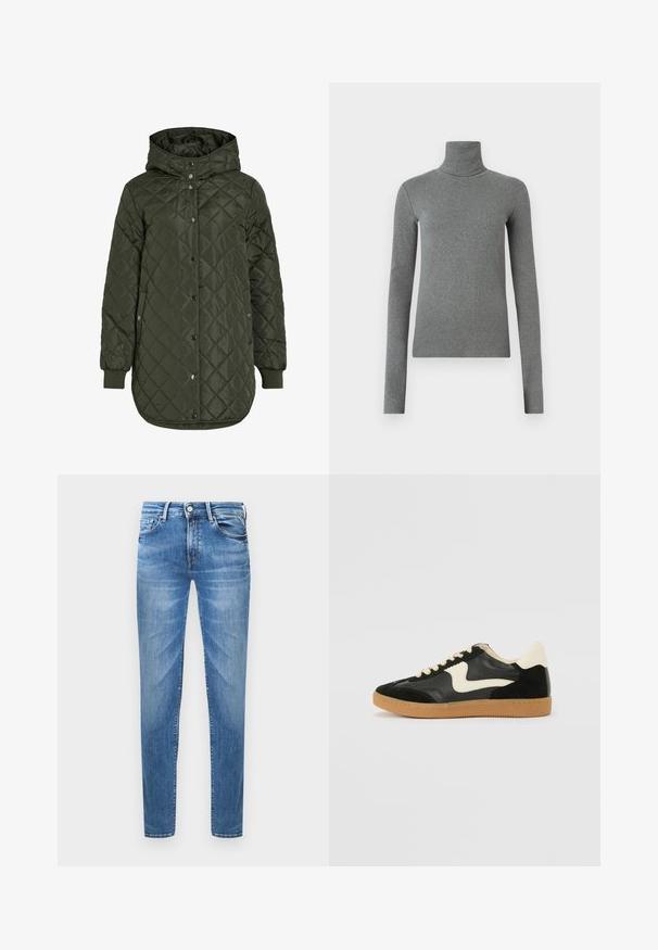 Šviesiai žalia, ilga, quilted striukė su gobtuvu, snap mygtukais ir išilgiais rankovėmis. Siūlo lygią, tekstūruotą medžiagą su deimanto raštu.; Pilkas golfas, pagamintas iš lygaus, elastingo audinio. Ilgos rankovės, prilipęs dizainas, minimali tekstūra, be matomų raštų ar metalinių detalių.; Šviesiai mėlynos džinsinės kelnės su siauru siluetu. Ypatybės: mygtukų užsegimas, penki kišenės ir išblukusi tekstūra ant šlaunų.; Juodos zomšo ir odos sportinės bateliai su kreminiu šoniniu swoosh ir šviesiai kreminiu kulnu. Ypatybės - smėlio spalvos raišteliai ir guminis padas.