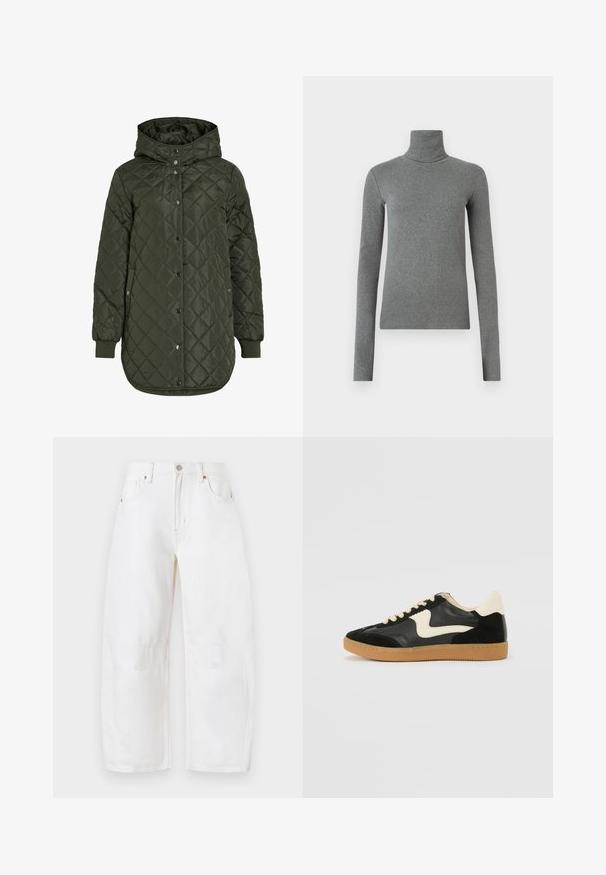 Tikkimisega, pikk oliivroheline jakk kapuutsiga, nööpide ja soonikäärega. Omab siledaid, tekstureeritud kudesid, millel on teemantmuster.; Hallhalli hallitatud särk, mis on valmistatud siledast, venivast kangast. Pikkade varrukatega, sobiv disain, minimaalne tekstuur, ilma nähtavate mustrite või riistvaraeta.; Valged laiad denimpüksid, millel on nööpkinnitus, viis taskut ja peened õmbluse detailid. Pehme tekstuur ja sööbav disain. Pole nähtavat kulumist.; Must musta ja nahast sneakersid, millel on koorevärvi külgsuund ja hele koorik. Omab beeži paelu ja kummi kummist välistalla.