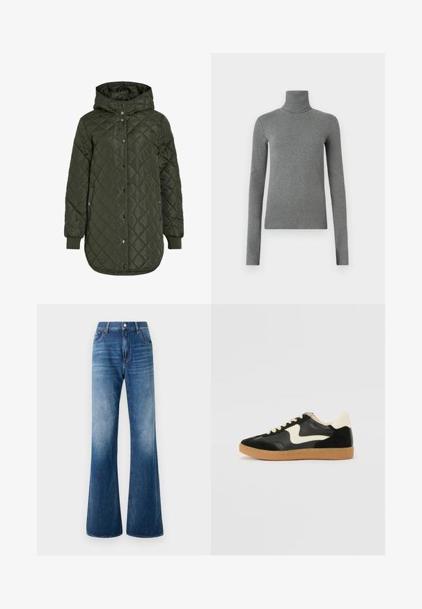 Casaco comprido olive green acolchoado com capuz, botões de pressão e punhos canelados. Apresenta um tecido liso e texturizado com padrão de diamante.; Camisola de gola alta cinza feita de um tecido liso e elástico. Mangas compridas, design ajustado, textura mínima, sem padrões ou acessórios visíveis.; Jeans de ganga azuis com corte flared, lavagem desbotada, design de cinco bolsos, passadores de cinto e fecho frontal com botão. Textura suave e corte clássico.; Sapatilha em camurça e couro pretos com um swoosh lateral em creme e um calcanhar em creme claro. Apresenta atacadores bege e uma sola de borracha tipo gum.