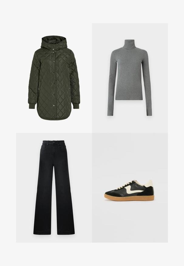 Töltött, hosszú, olíva zöld dzseki kapucnival, patentgombokkal és bordázott mandzsettákkal. Simább, textúrával rendelkező anyag jellemzi, amely gyémánt mintázatú.; Szürke, sima, rugalmas anyagból készült garbós póló. Hosszú ujjú, testhez simuló kialakítás, minimális textúrával, látható minták vagy fém alkatrészek nélkül.; Széles szárú fekete farmernadrág, amelynek jól illeszkedő dereka van, övhurkokkal, elülső és hátsó zsebekkel, valamint sima textúrával rendelkezik.; Fekete velúr és bőr sneaker, krém színű oldalsó swoosh-sal és világos krém színű sarokkal. Beigézett fűzőkkel és gumi talppal rendelkezik.