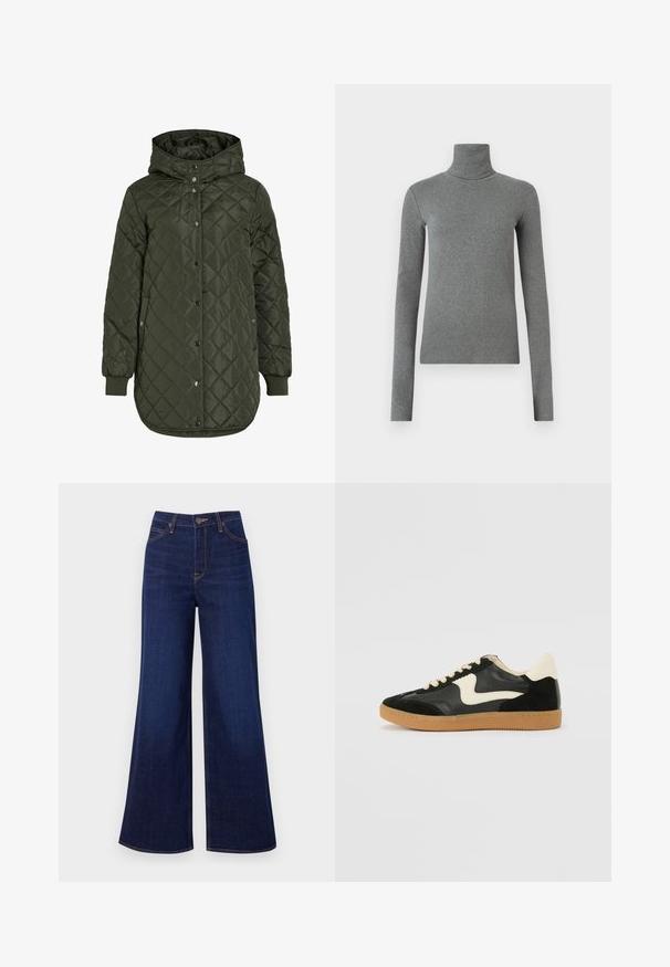 Šviesiai žalia, ilga, quilted striukė su gobtuvu, snap mygtukais ir išilgiais rankovėmis. Siūlo lygią, tekstūruotą medžiagą su deimanto raštu.; Pilkas golfas, pagamintas iš lygaus, elastingo audinio. Ilgos rankovės, prilipęs dizainas, minimali tekstūra, be matomų raštų ar metalinių detalių.; Tamsiai mėlynos plačios kojų džinsai, pagaminti iš džinsinio audinio, su aukštu liemeniu, penkių kišenių dizainu ir kontrastinga oranžine siūle išilgai siūlių.; Juodos zomšo ir odos sportinės bateliai su kreminiu šoniniu swoosh ir šviesiai kreminiu kulnu. Ypatybės - smėlio spalvos raišteliai ir guminis padas.