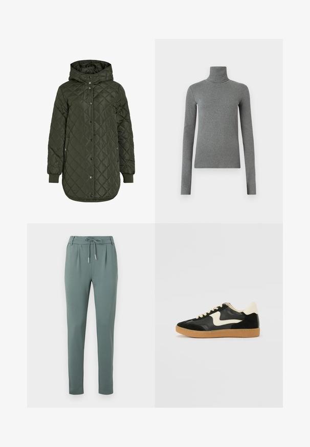 Gestepptes, langes olivgrünes Jacket mit Kapuze, Druckknöpfen und gerippten Bündchen. Verfügt über einen glatten, strukturierten Stoff mit Rautenmuster.; Grauer Rollkragenpullover aus glattem, dehnbarem Stoff. Lange Ärmel, figurbetontes Design, minimale Textur, ohne sichtbare Muster oder Beschläge.; Grau-grüne Hose aus weichem Stoff, mit einem Kordelzugbund, Falten auf der Vorderseite und geraden Beinen mit elastischen Säumen.; Schwarze Wildleder- und Leder-Sneaker mit einem cremefarbenen Seiten-Swoosh und einer hellcremefarbenen Ferse. Ausgestattet mit beige Schnürsenkeln und einer Gummilaufsohle.