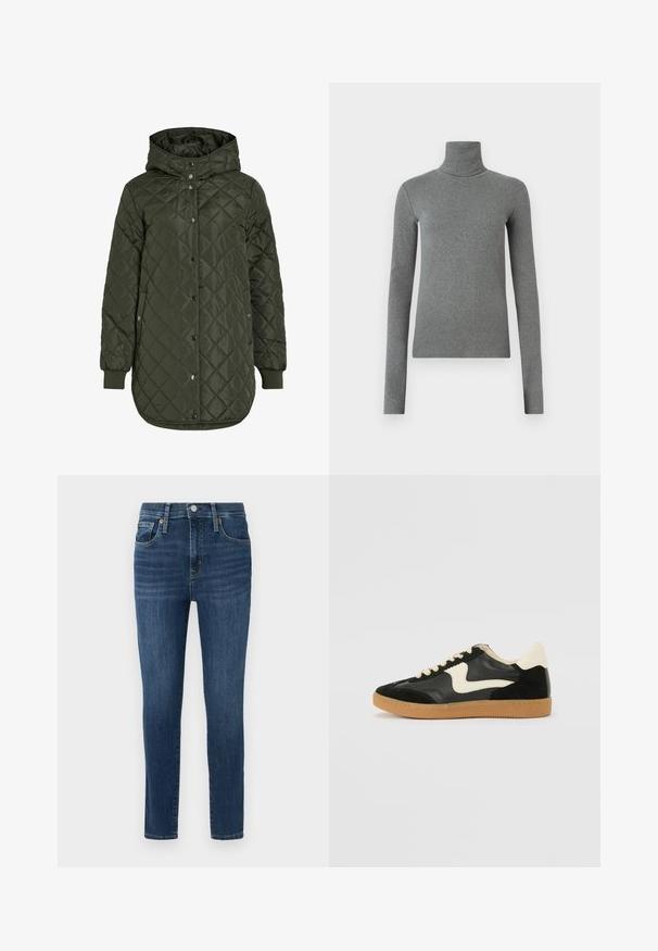 Töltött, hosszú, olíva zöld dzseki kapucnival, patentgombokkal és bordázott mandzsettákkal. Simább, textúrával rendelkező anyag jellemzi, amely gyémánt mintázatú.; Szürke, sima, rugalmas anyagból készült garbós póló. Hosszú ujjú, testhez simuló kialakítás, minimális textúrával, látható minták vagy fém alkatrészek nélkül.; Sötétkék farmernadrág, slim fit szabásban, öt zsebes dizájnnal, réz gombokkal és enyhe fakulással az elülső részen. Tisztán eldolgozott szegély és standard derékszíj.; Fekete velúr és bőr sneaker, krém színű oldalsó swoosh-sal és világos krém színű sarokkal. Beigézett fűzőkkel és gumi talppal rendelkezik.