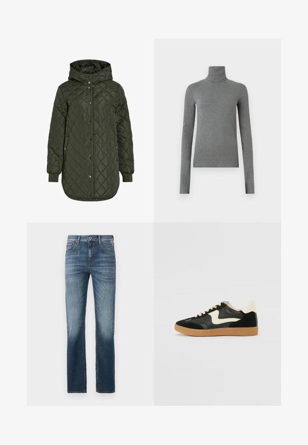 Šviesiai žalia, ilga, quilted striukė su gobtuvu, snap mygtukais ir išilgiais rankovėmis. Siūlo lygią, tekstūruotą medžiagą su deimanto raštu.; Pilkas golfas, pagamintas iš lygaus, elastingo audinio. Ilgos rankovės, prilipęs dizainas, minimali tekstūra, be matomų raštų ar metalinių detalių.; Tamsiai mėlyni džinsai su tiesiu siluetu, švelniu blukimu ant šlaunų ir kontrastingais siūlais. Klasikinis penkių kišenių dizainas su užtrauktuku.; Juodos zomšo ir odos sportinės bateliai su kreminiu šoniniu swoosh ir šviesiai kreminiu kulnu. Ypatybės - smėlio spalvos raišteliai ir guminis padas.